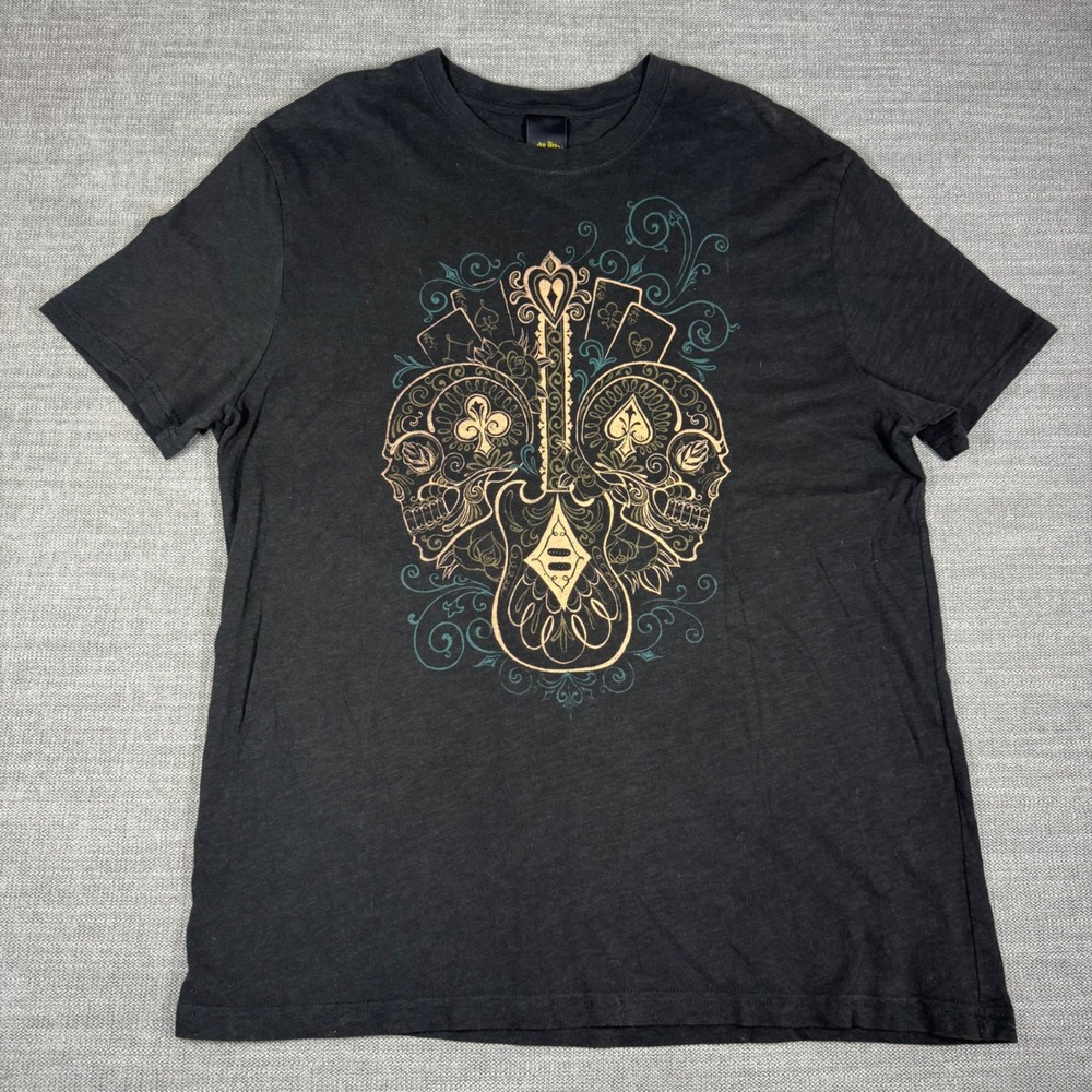 Lucky Brand Mens Black Sugar Skull Guitar Graphic T-Shirt Large Classic Fit
